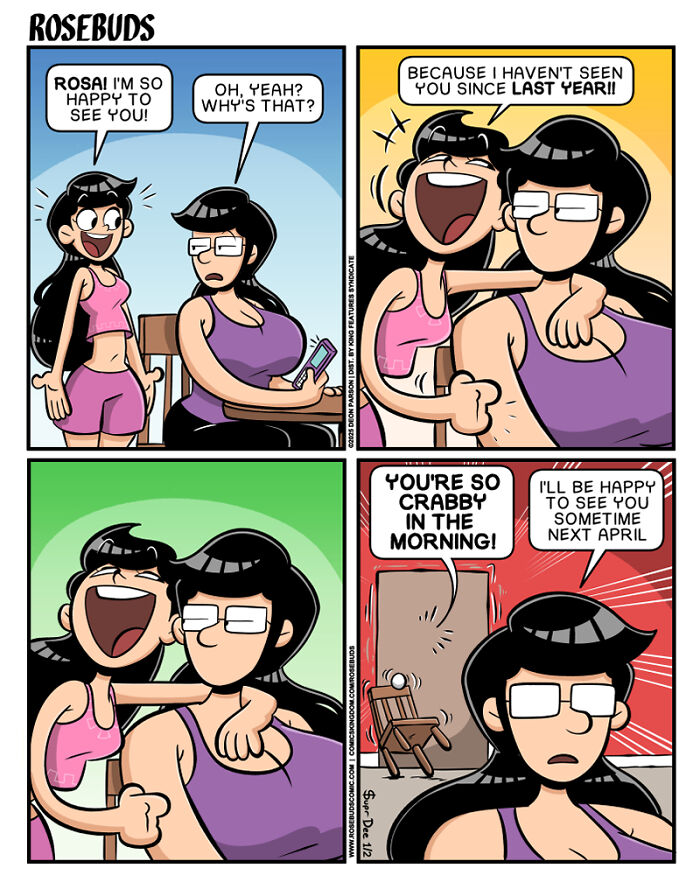 Two sisters in a comic, one excitedly hugging the other, who is annoyed, illustrating life with sisters.