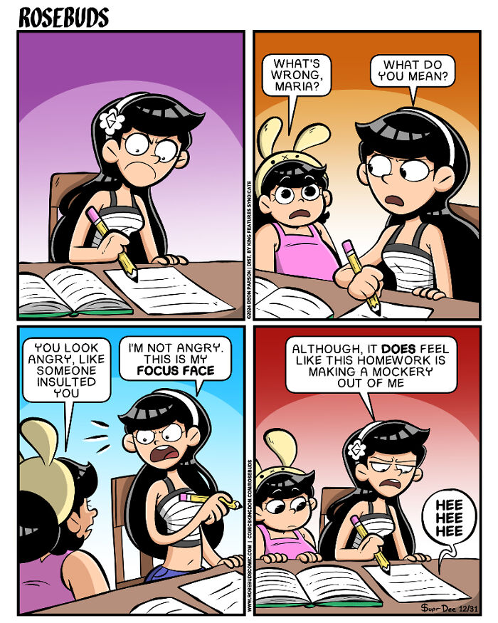 Two sisters doing homework, one with a "focus face," while the other teases. Comic by Supr Dee on life with sisters.