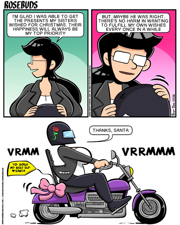 Comic about life with sisters: a woman reflects on making her sisters happy, then thanks Santa while riding a purple motorcycle.