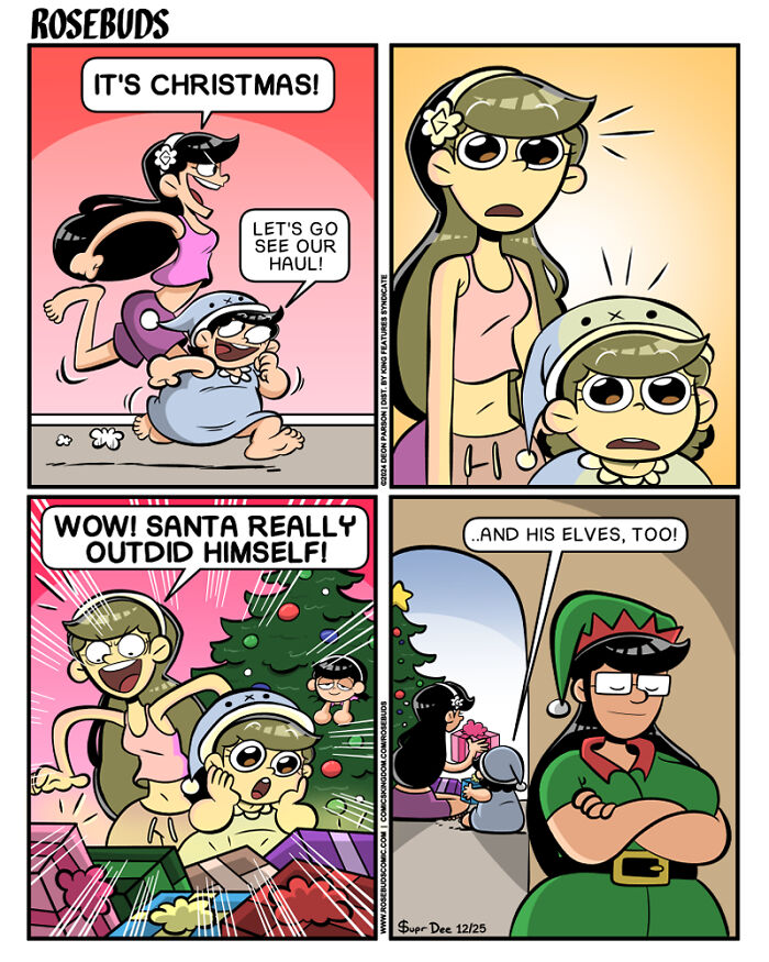 Comic about life with sisters by Supr Dee showing Christmas morning excitement and gifts under the tree.
