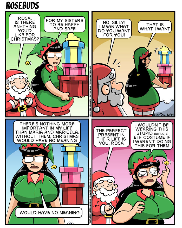 Comic about life with sisters: Rosa, dressed as an elf, wants her sisters to be happy for Christmas, touching moments shared.