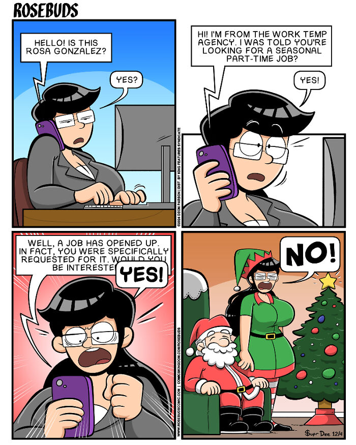 Comic by Supr Dee showing a woman on a phone call about a seasonal job, becoming frustrated when dressed as an elf.