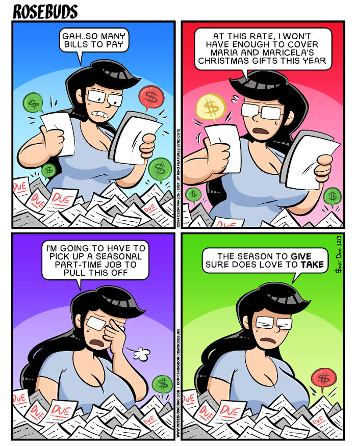 Woman overwhelmed by bills, worried about buying gifts for sisters during Christmas in an honest comic about life with sisters.