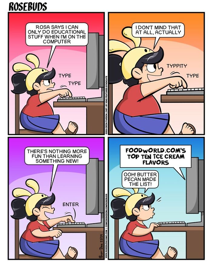 Comic about life with sisters, a girl types on a computer, humorously learning about ice cream flavors.