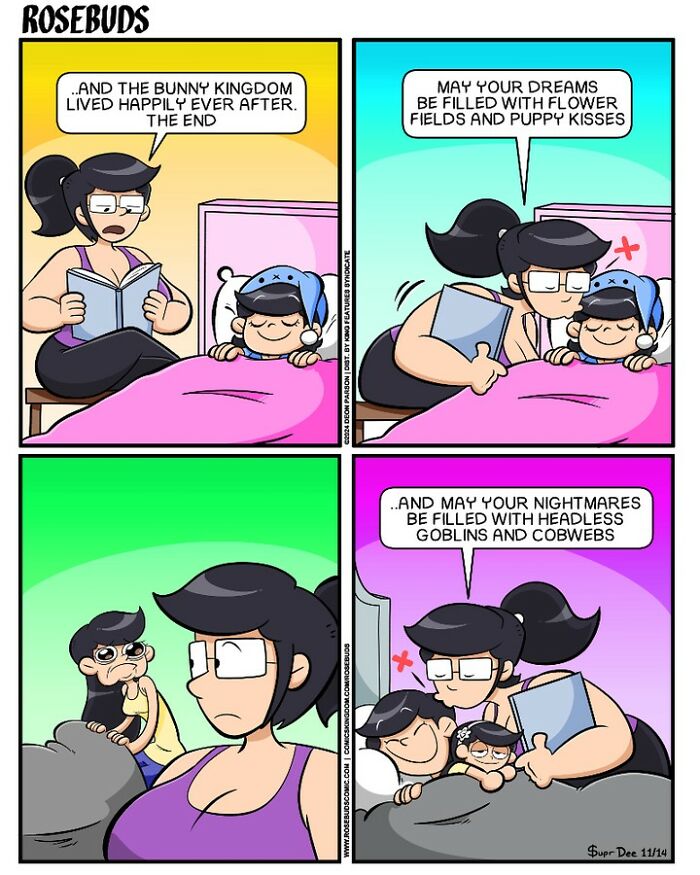 Comic about bedtime stories with sisters, balancing sweet dreams and scary nightmares, from "Rosebuds" by Deon Parson.