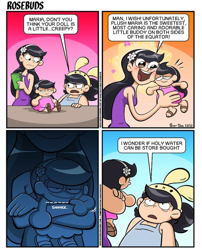 Comic strip about life with sisters, featuring a girl's creepy doll and humorous reactions.
