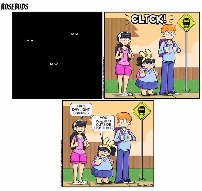 Comic about life with sisters by Supr Dee, featuring characters in pajamas at a bus stop discussing daylight savings.