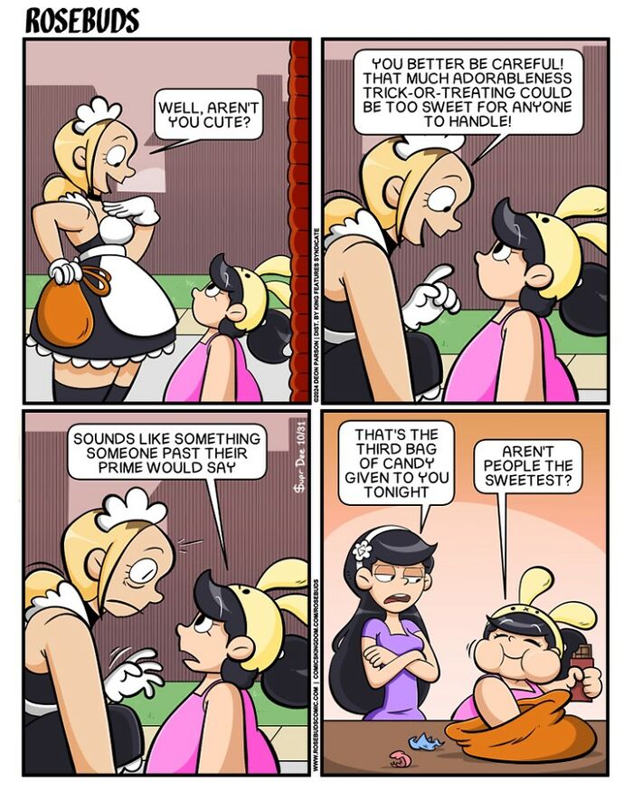 Comic about life with sisters, featuring a trick-or-treating dialogue and candy humor by Supr Dee.