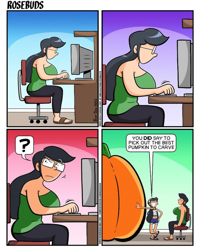 Comic about life with sisters showing a woman at a computer and a girl with a giant pumpkin, humorously misunderstanding.