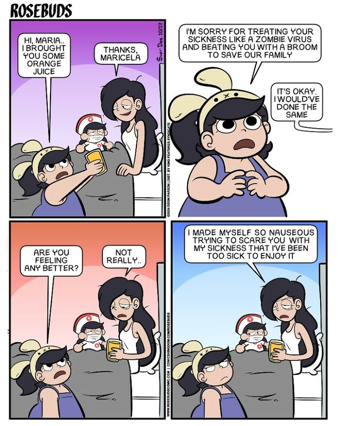 Two sisters interacting humorously about illness with orange juice and a playful apology.