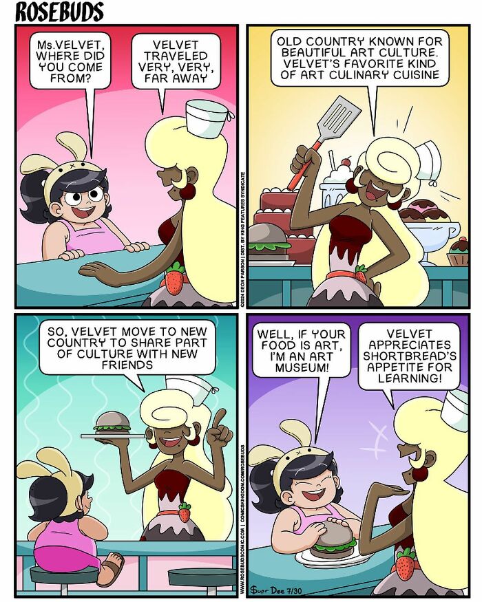 Comic by Supr Dee featuring funny conversation about art and culture between a girl and a character named Velvet.