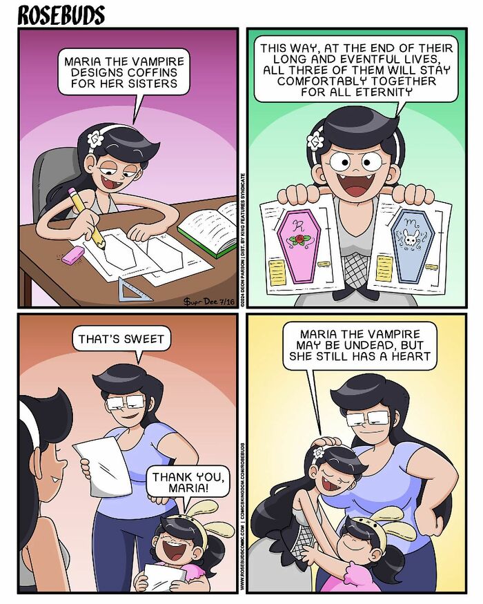 Comic about life with sisters by Supr Dee, featuring Maria the vampire designing colorful, humorous coffins for siblings.