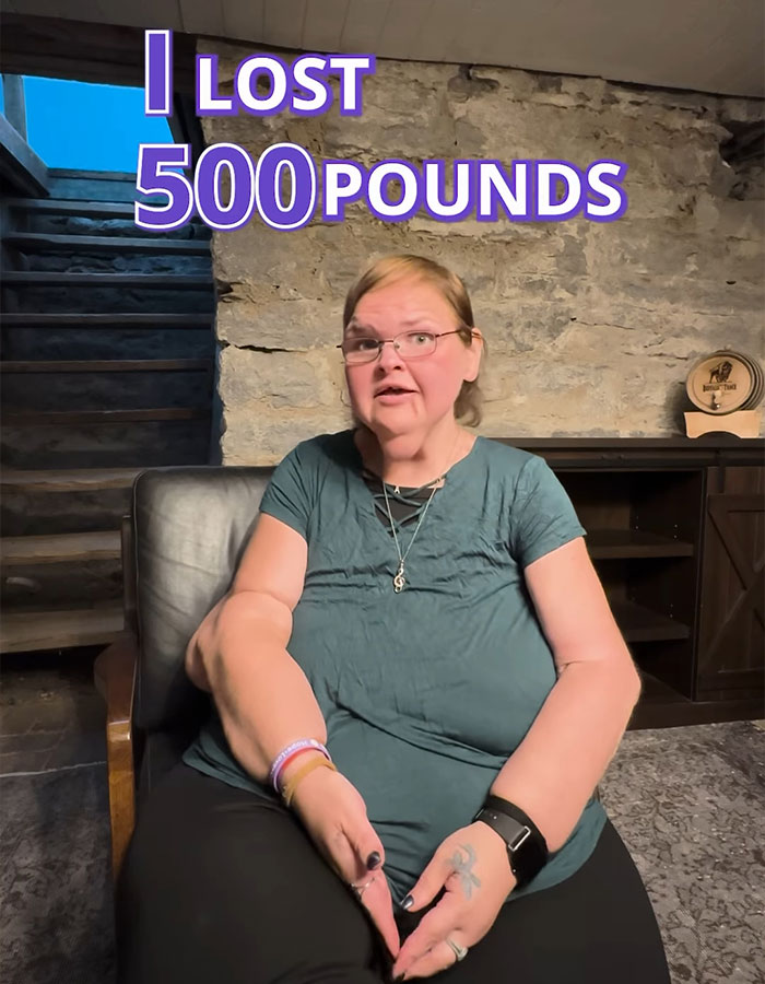 Person sitting in a chair inside a rustic room, with the text "I lost 500 pounds" above.