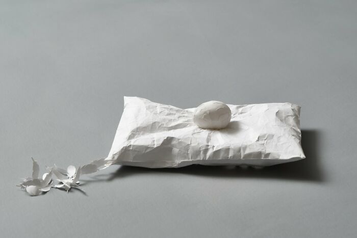 Paper mini world by Peter Callesen featuring an egg on a pillow with cut-out birds.