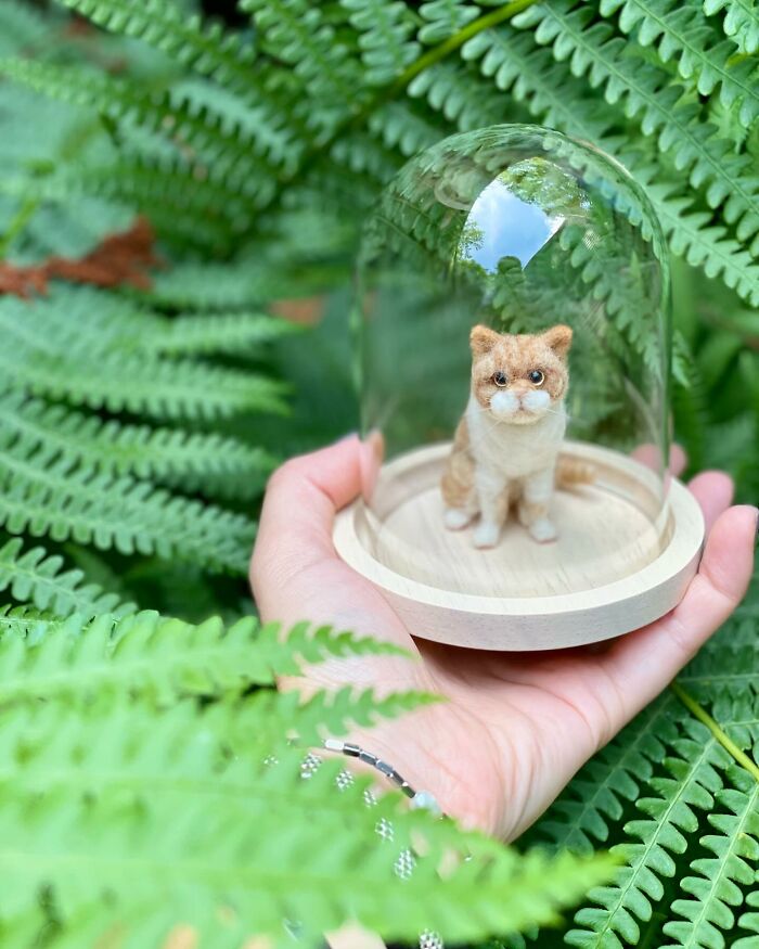 Cute felted pet figurine under a glass dome, held by a hand amidst lush green ferns.