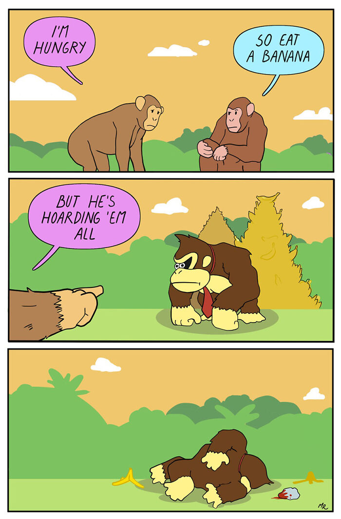 Comic strip showing apes discussing hunger and a gorilla hoarding bananas, humorously exposing human nature.