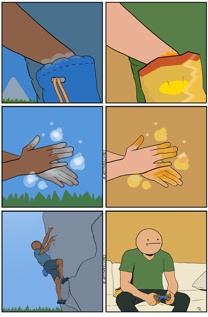 Comic strip illustrating the darker side of human nature with contrasting scenes of rock climbing and gaming.