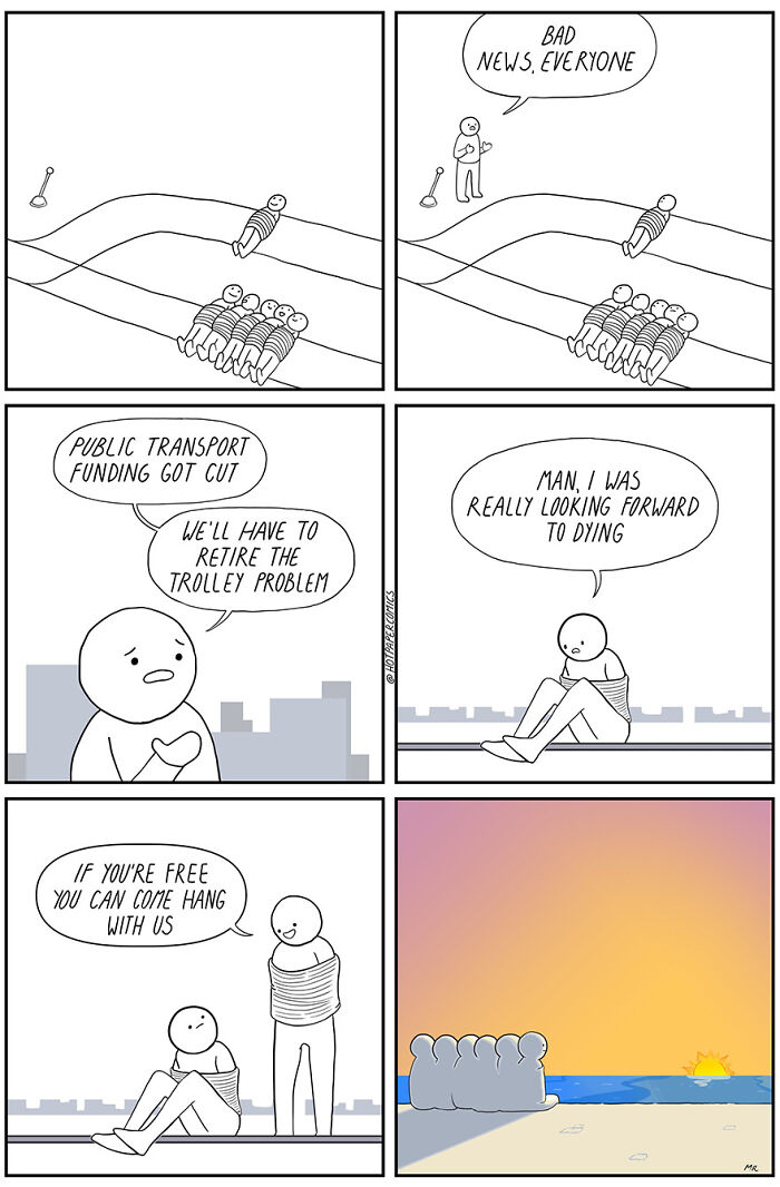 Comic about human nature with characters discussing the cancellation of the trolley problem due to budget cuts, ending at the beach.