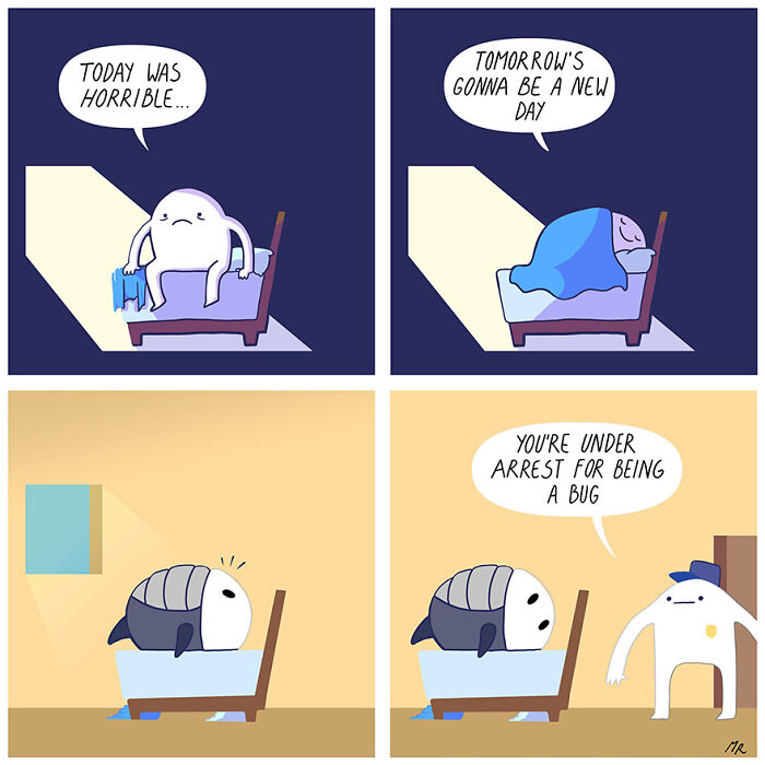 Comic panel depicting the darker side of human nature with a character waking up as a bug and being arrested.