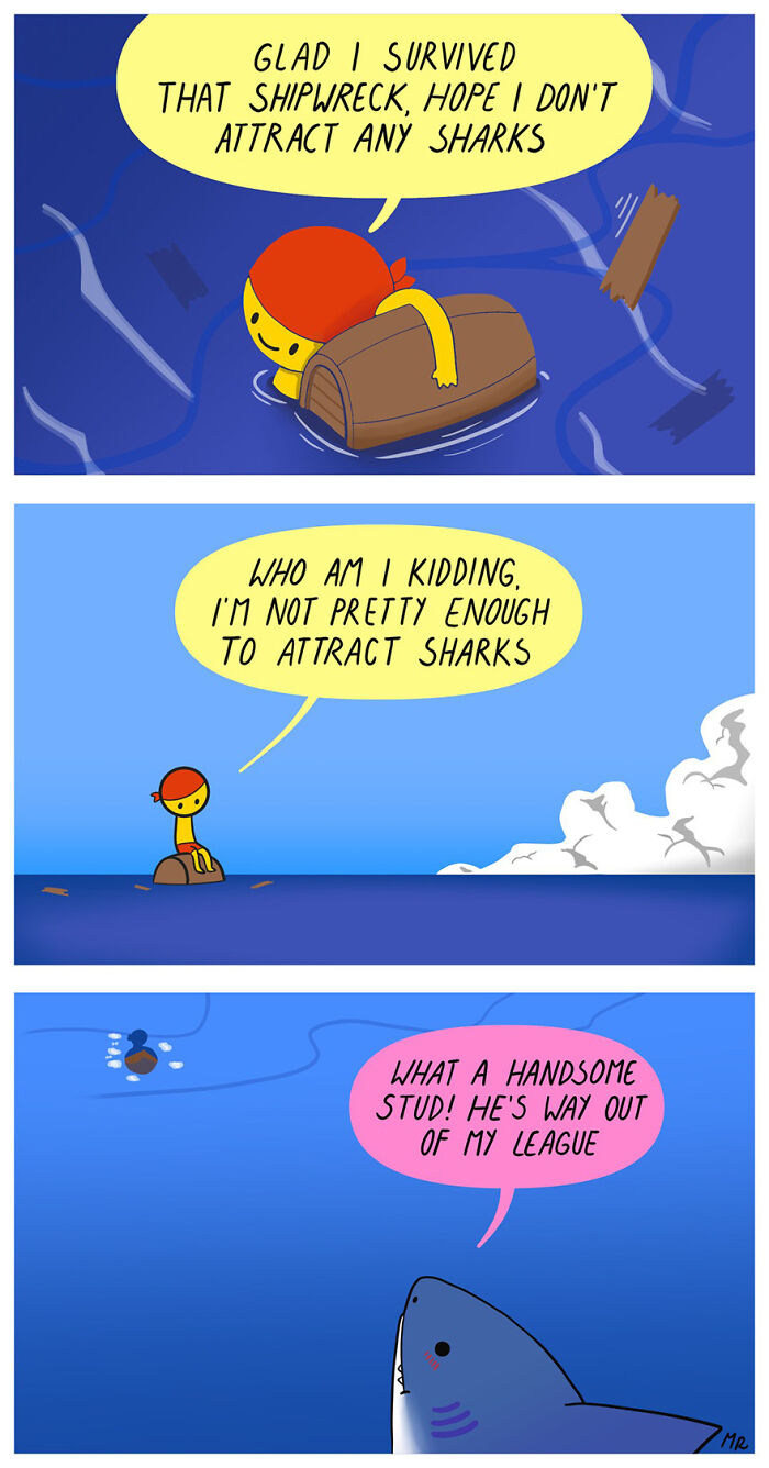 Comic showing a person on a raft fearing sharks, only for a shark to admire their appearance, humorously exposing human nature.