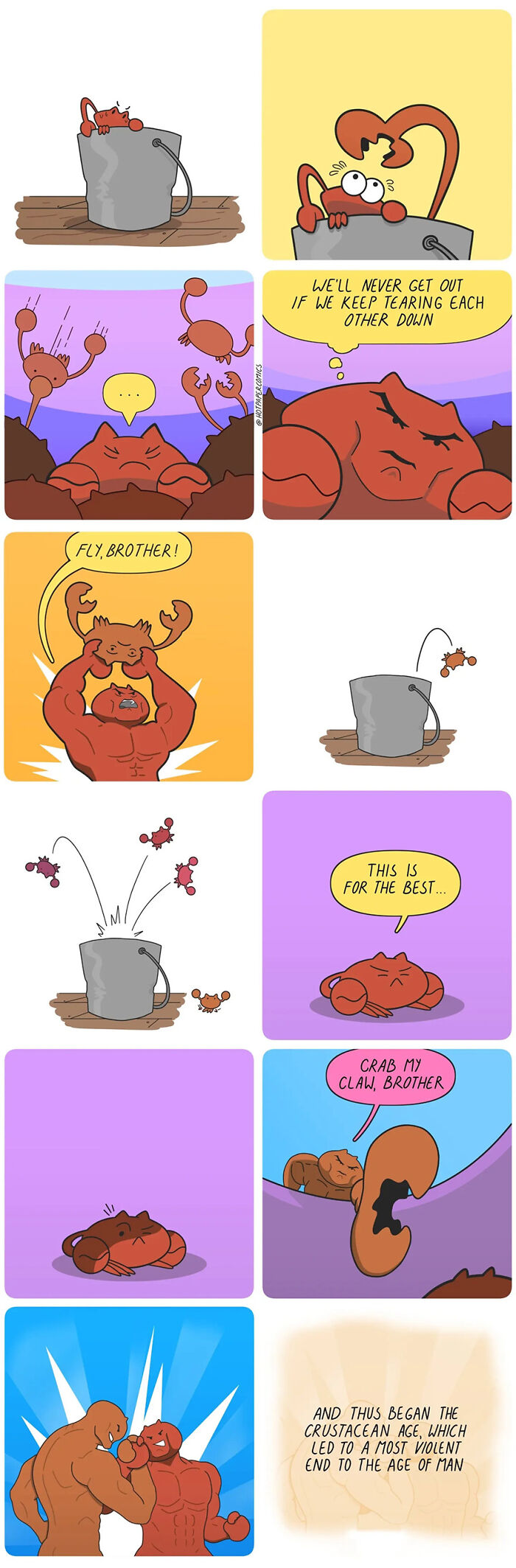 Witty comic about crabs helping each other out of a bucket, illustrating the darker side of human nature.
