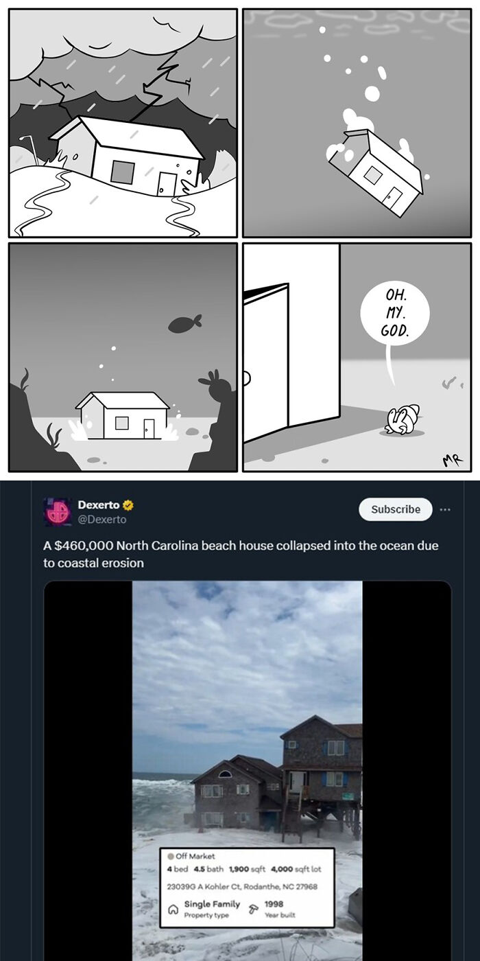 Comic depicting a house sinking underwater, highlighting the darker side of human nature with a relevant tweet below.