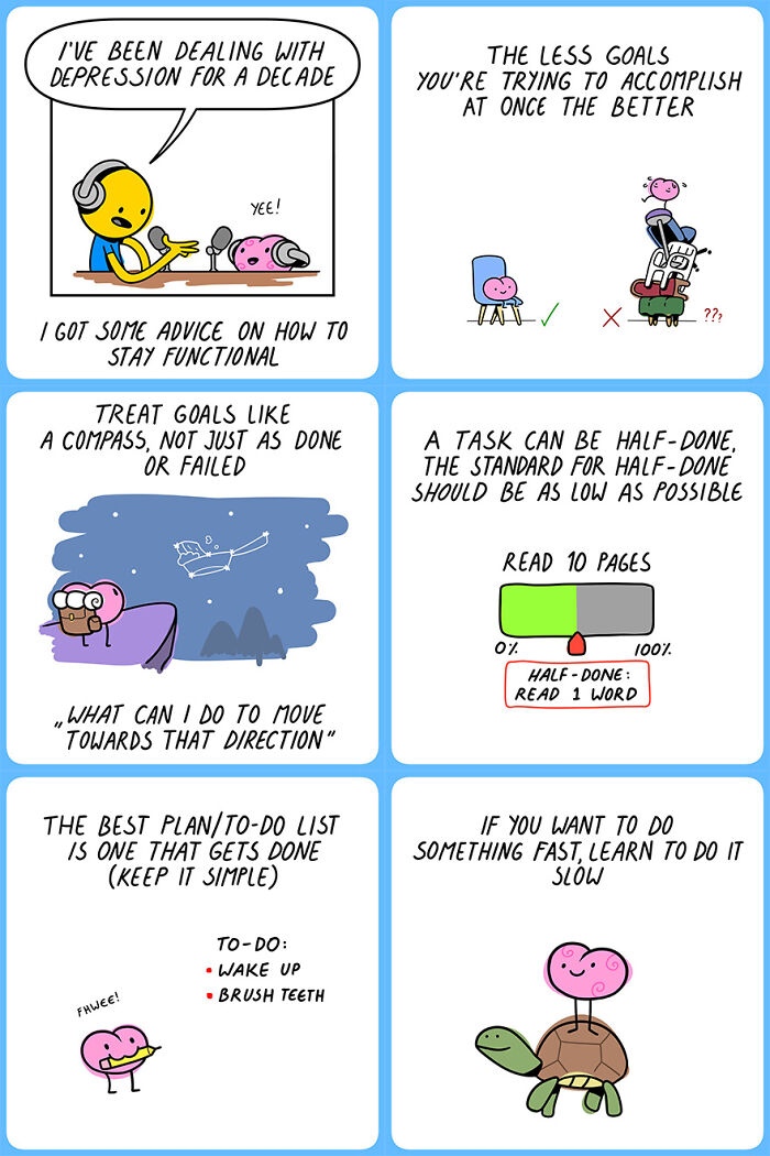 Comic illustrating witty insights on human nature, featuring goal setting, depression, and productivity tips.