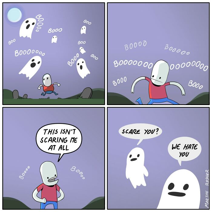 Comic showing ghosts trying to scare a person, with the punchline that the ghosts actually hate him.