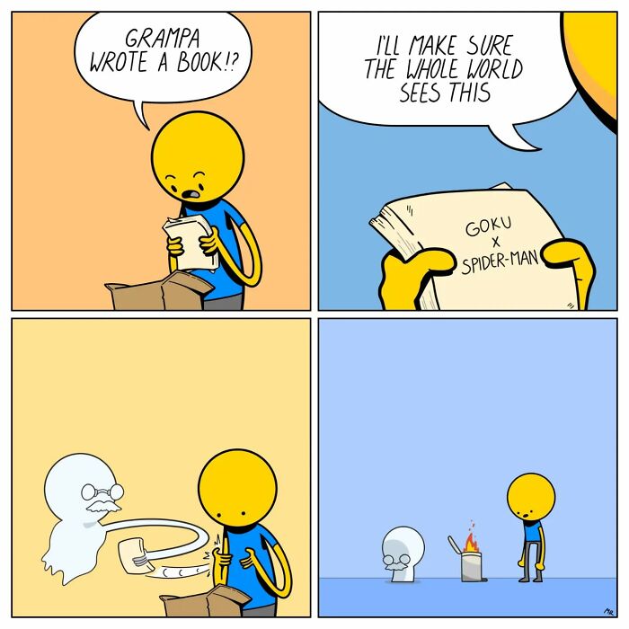 Comic character shocked by book "Goku x Spider-Man", ghostly figure of grandpa present, humorous critique on human nature.