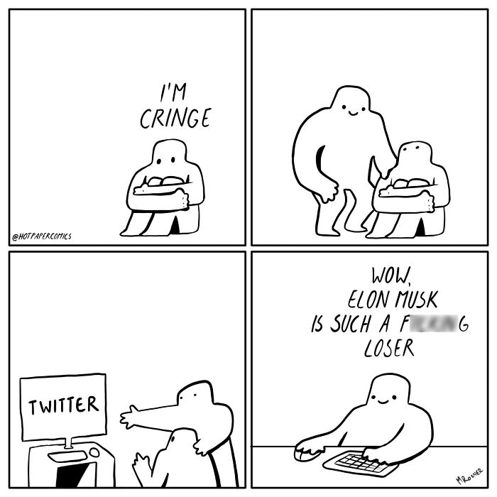 Comic depicting the darker side of human nature with characters discussing cringe and online behavior.