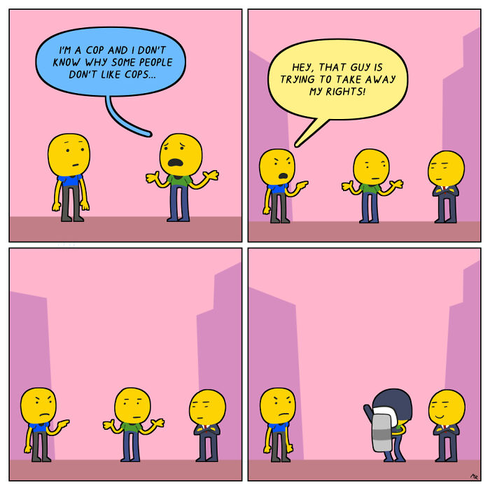 Comic illustrating darker side of human nature with characters discussing police and rights.