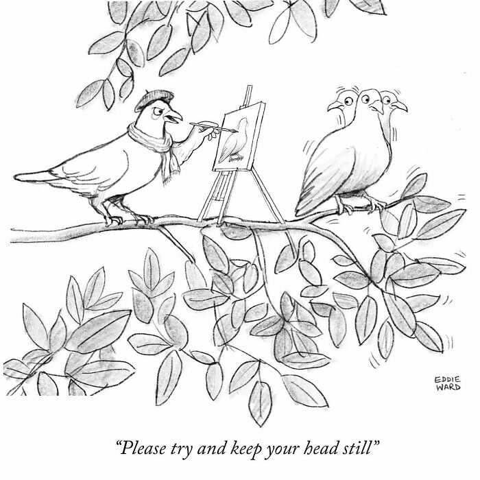 Bird artist painting another bird on a tree branch in a single-panel comic by Eddie Ward.