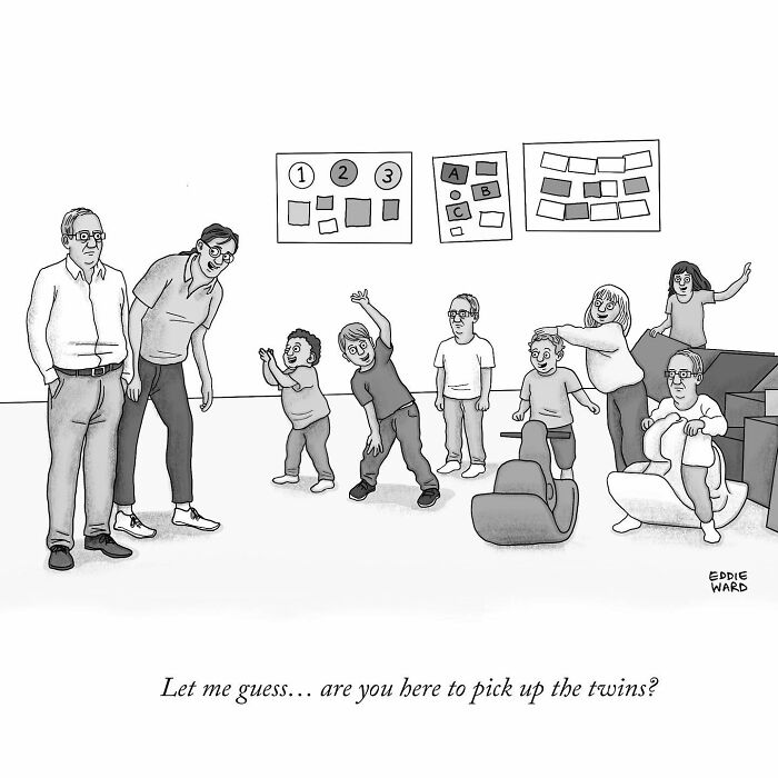 Single-panel comic by Eddie Ward featuring adults and playful children in a classroom setting.