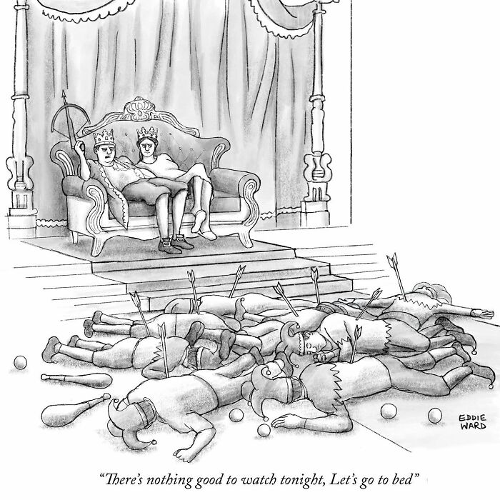 Royal couple on a throne, tired of jesters, contemplating going to bed. Single-panel comic by Eddie Ward.