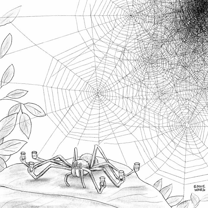 Spider holding coffee cups in a web, drawn by Eddie Ward in a single-panel comic.