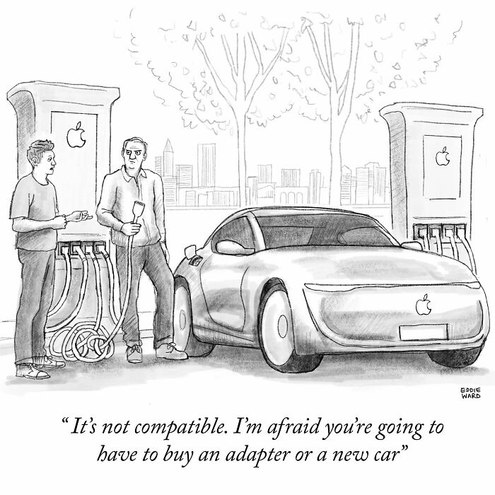 Two men at Apple charging station with an incompatible car cable, illustrating a humorous single-panel comic by Eddie Ward.
