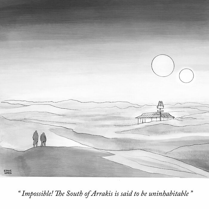 Single-panel comic by Eddie Ward depicts a desert landscape with two figures and a building, captioned about Arrakis.
