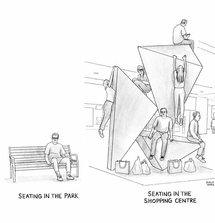 Single-panel comic by Eddie Ward showing park and shopping center seating contrast.