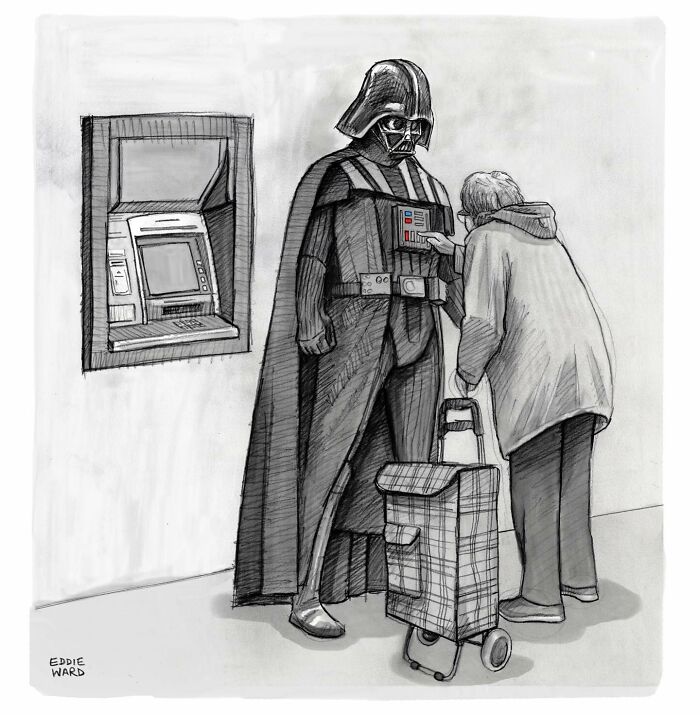 Comic by Eddie Ward: Woman at ATM standing next to a helmeted figure in a cape.