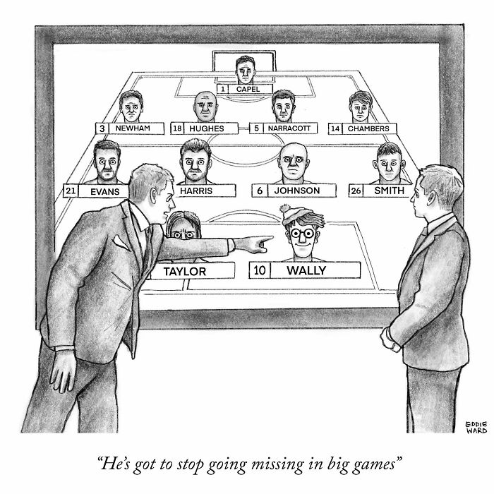 SEO single-panel comic by Eddie Ward showing a coach pointing at a player named Wally during a strategy discussion.