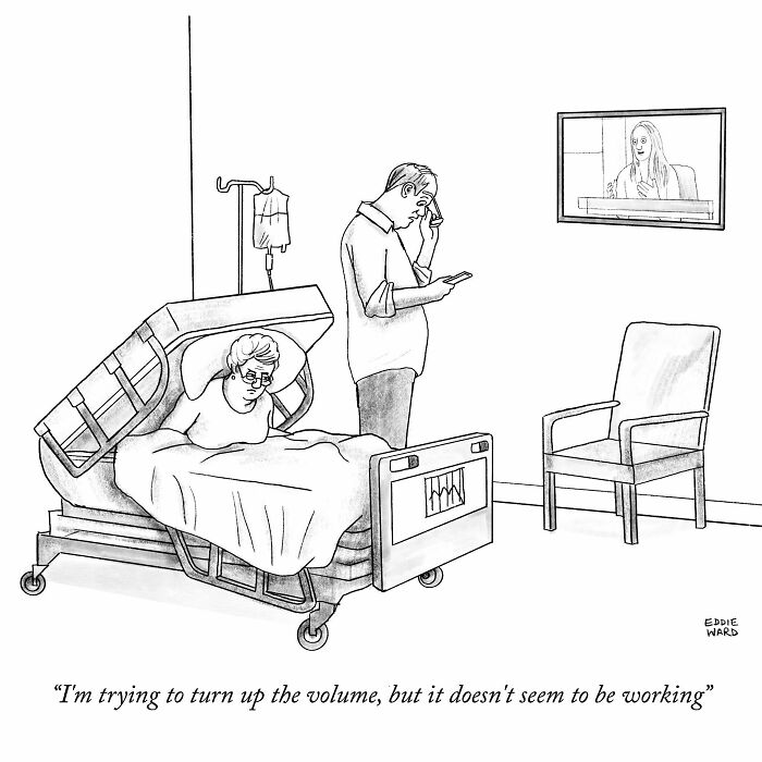Single-panel comic by Eddie Ward: a patient tilts hospital bed, a man confused by remote, TV volume and armchair visible.