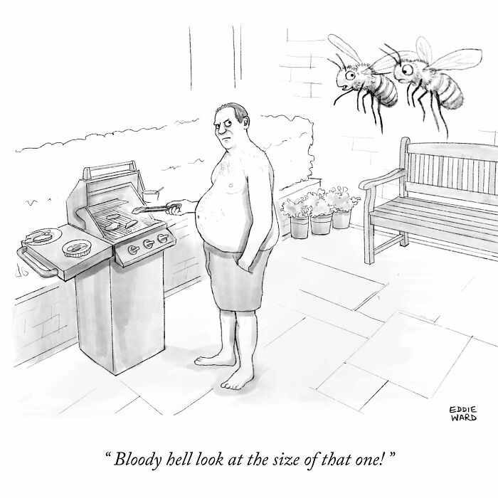Man grilling, surprised by two giant bees, from Eddie Ward's single-panel comics.