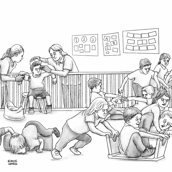 Single-panel comic by Eddie Ward showing a chaotic classroom scene with children and teachers interacting humorously.