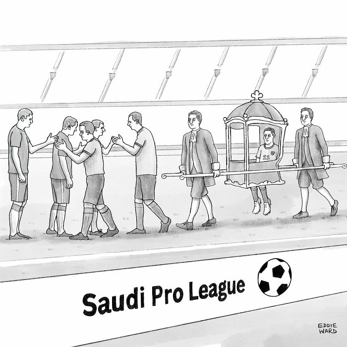 Single-panel comic by Eddie Ward showing a humorous scene in the Saudi Pro League with a royal theme.