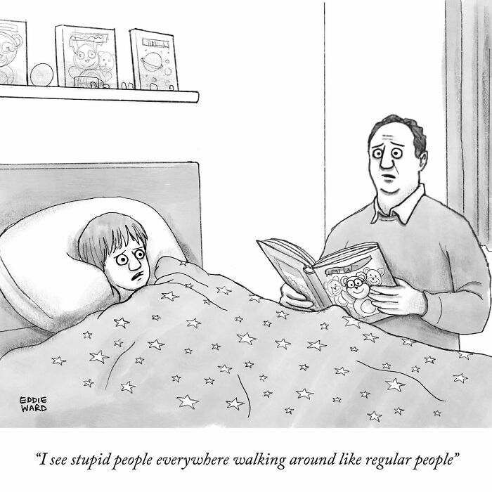 A father reads a bedtime story to a worried child in this Eddie Ward comic.