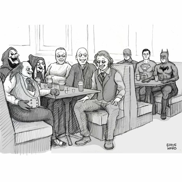 Comic by Eddie Ward shows iconic characters sharing a lively moment in a diner booth, enjoying drinks and conversation.