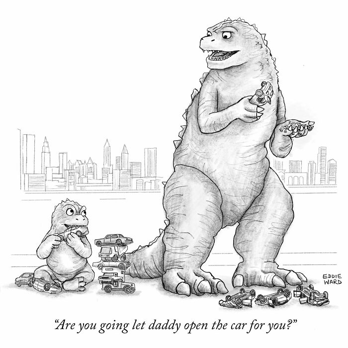 Dinosaur holding toy cars in an Eddie Ward comic, with a city skyline in the background, featuring a playful caption.