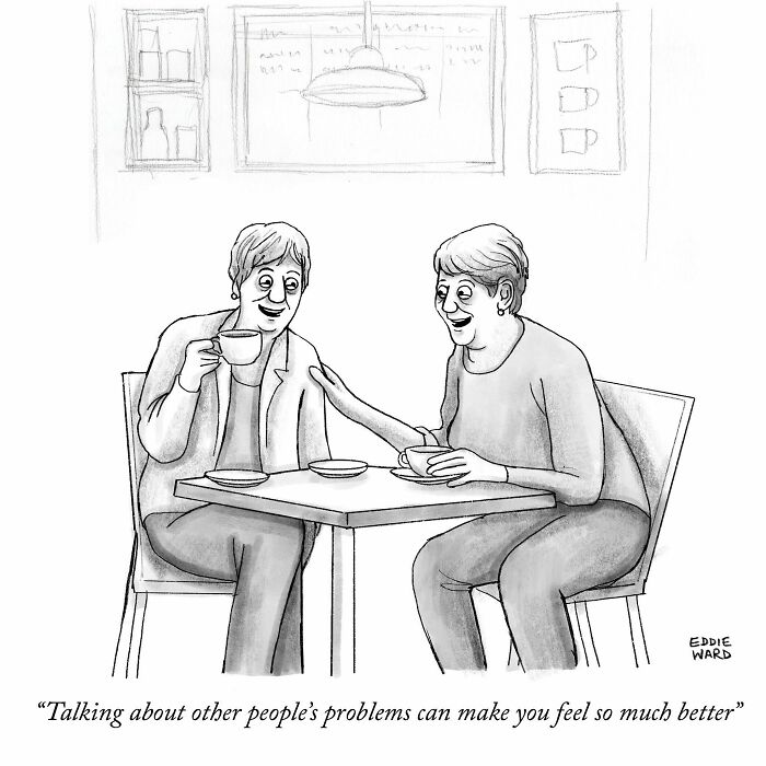 Two women chatting in a cafe, laughing, and holding cups, illustrating a single-panel comic by Eddie Ward.