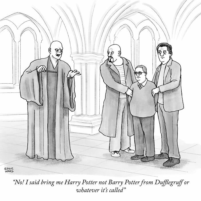 Bald man angrily confronting three others in a humorous single-panel comic by Eddie Ward about a mistaken identity mix-up.