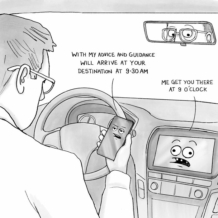 Single-panel comic by Eddie Ward featuring a phone and car GPS debating arrival times animatedly.